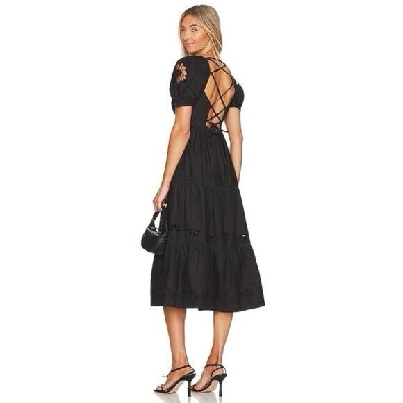 NWT Tularosa x Revolve Black Cotton Midi Dress Puff Sleeves Open Lace-Up Back S - Picture 2 of 8